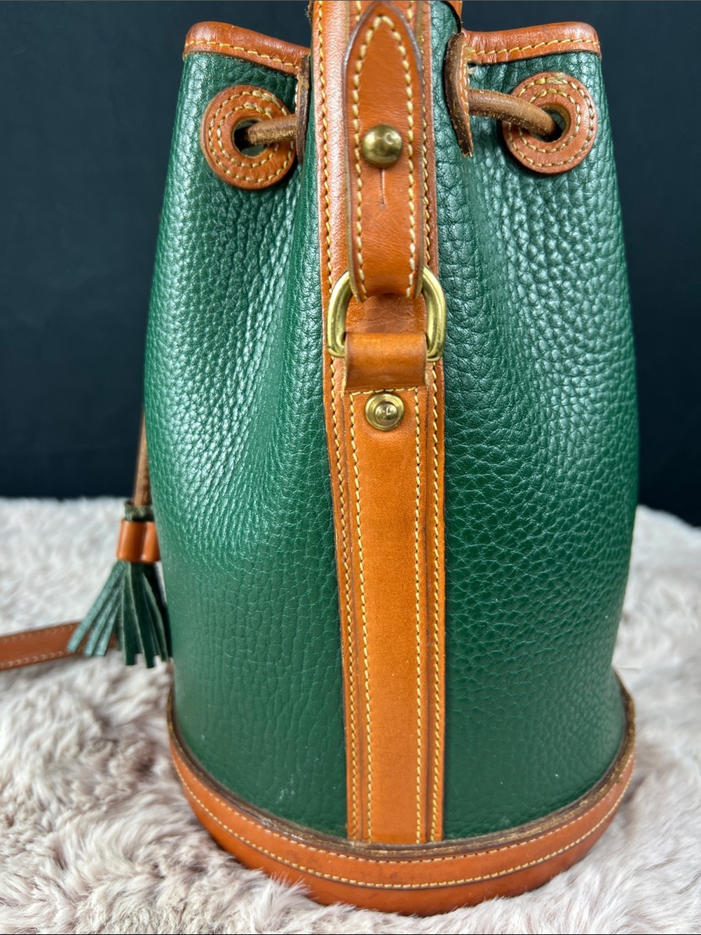 Dooney & Bourke Green and Brown Pebbled Leather Drawstring Crossbody Bag - Picture 3 of 12